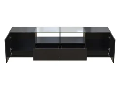 Móvel De Tv| Móvel TV brilhante 165x38x43cm, com prateleiras de vidro, 2 gavetas e duas portas, LED, Preto