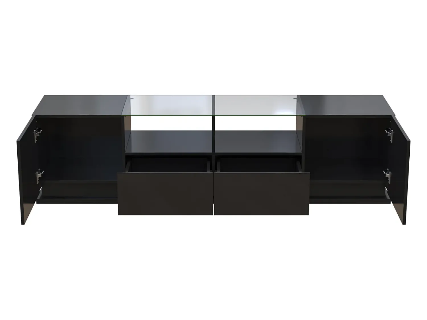 Móvel De Tv| Móvel TV brilhante 165x38x43cm, com prateleiras de vidro, 2 gavetas e duas portas, LED, Preto