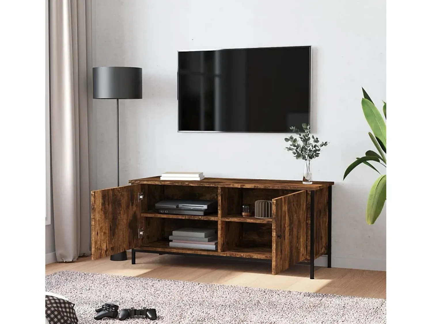 Móvel TV c/ portas 102x35x45 cm deriv. madeira carvalho fumado PT326566^ Móvel De Tv