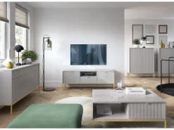 Móvel De Tv* Móvel TV: cinza, dourado, 154 x 56 x 39 cm, puxadores dourados Cinzento