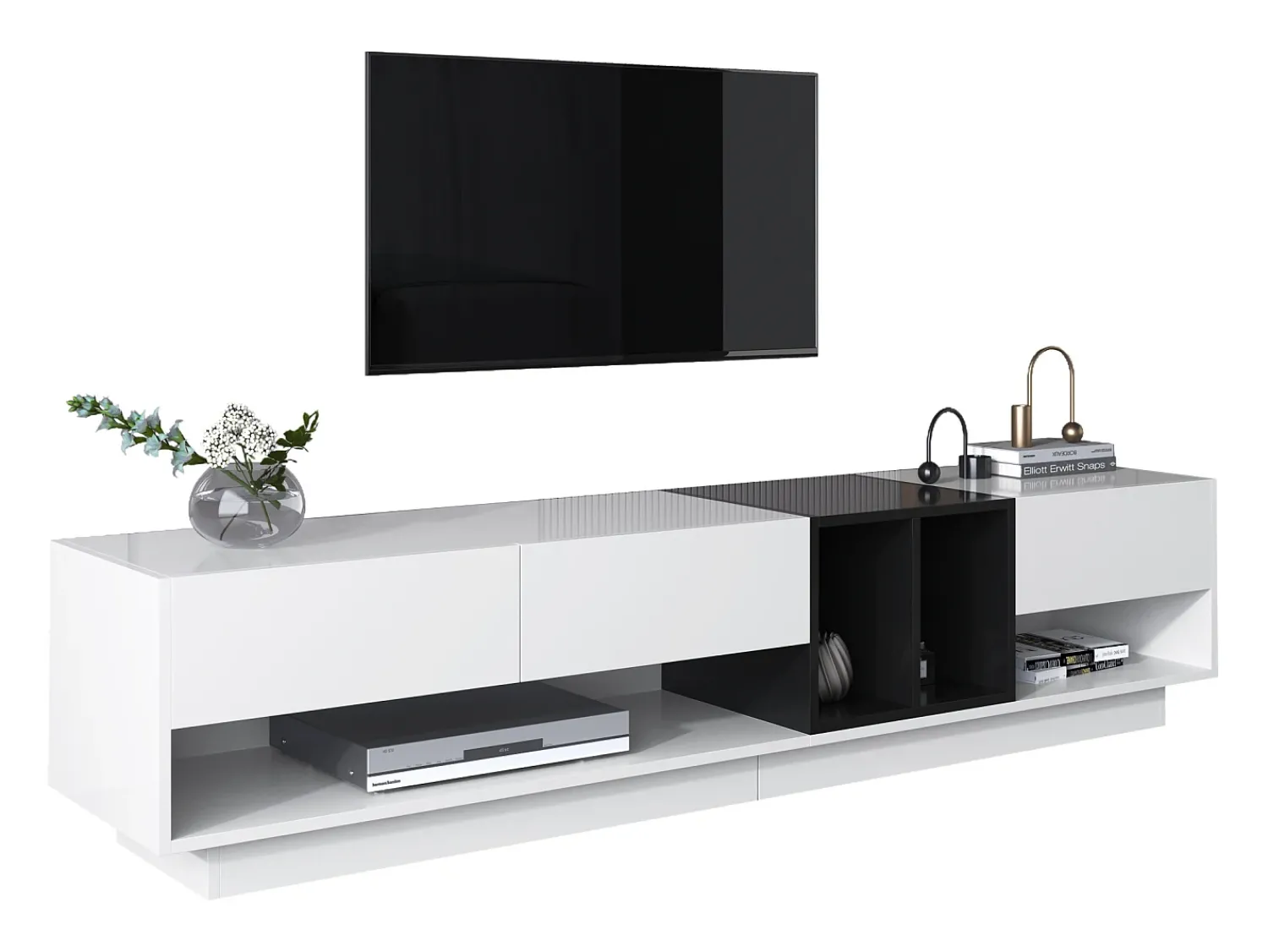 Móvel De Tv*ModernLuxe Móvel TV 190cm - 3 gavetas e 2 compartimentos - brilhante e preto Branco