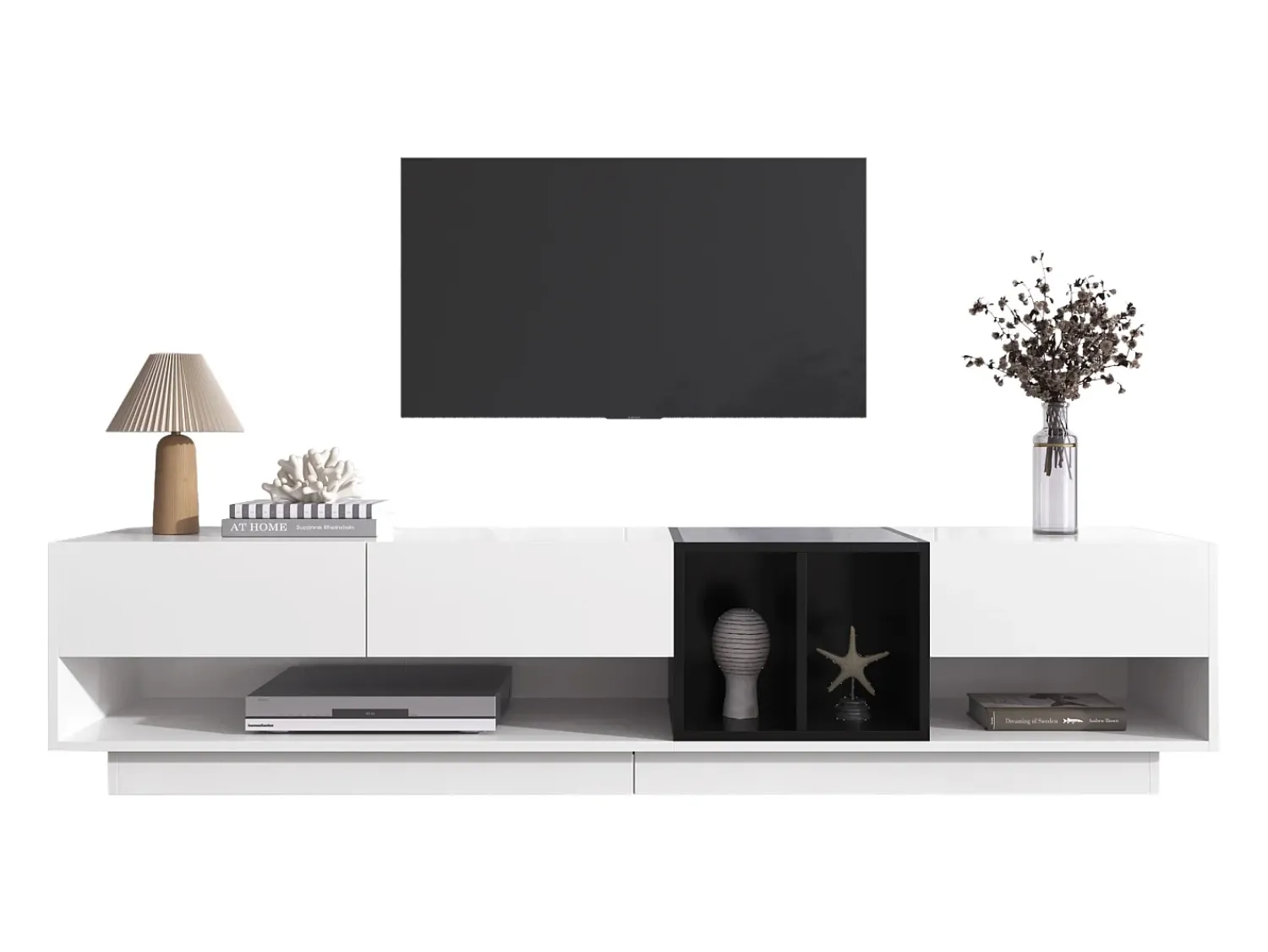 Móvel De Tv*ModernLuxe Móvel TV 190cm - 3 gavetas e 2 compartimentos - brilhante e preto Branco