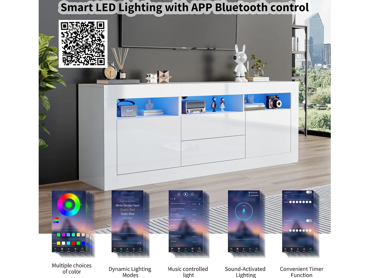 Móvel De Tv*ModernLuxe Móvel TV 160cm adequado para TV 70" - com LED - 2 portas 2 gavetas 3 compartimentos abertos - Branco