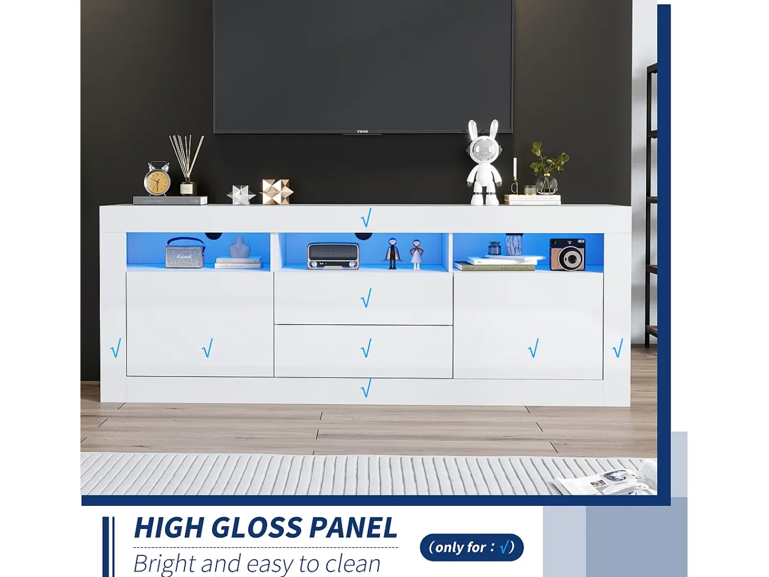 Móvel De Tv*ModernLuxe Móvel TV 160cm adequado para TV 70" - com LED - 2 portas 2 gavetas 3 compartimentos abertos - Branco