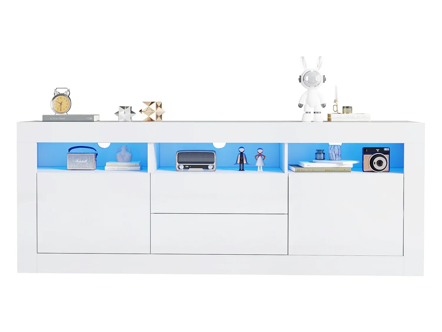 Móvel De Tv*ModernLuxe Móvel TV 160cm adequado para TV 70" - com LED - 2 portas 2 gavetas 3 compartimentos abertos - Branco