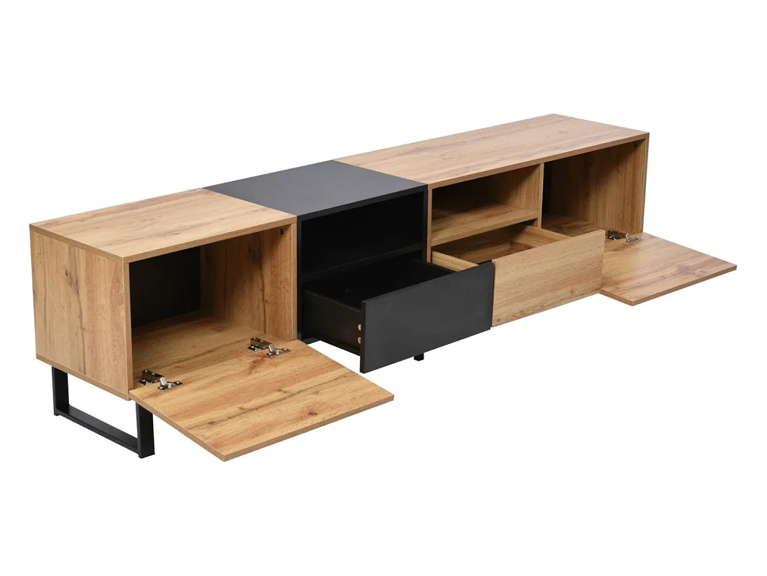 Móvel TV 190cm, com 2 gavetas, 2 portas, 2 compartimentos abertos, estilo escandinavo, cómoda TV em carvalho selvagem -^ Móvel De Tv
