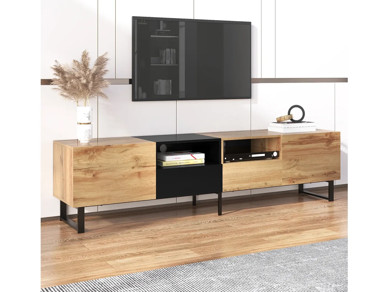 Móvel TV 190cm, com 2 gavetas, 2 portas, 2 compartimentos abertos, estilo escandinavo, cómoda TV em carvalho selvagem -^ Móvel De Tv