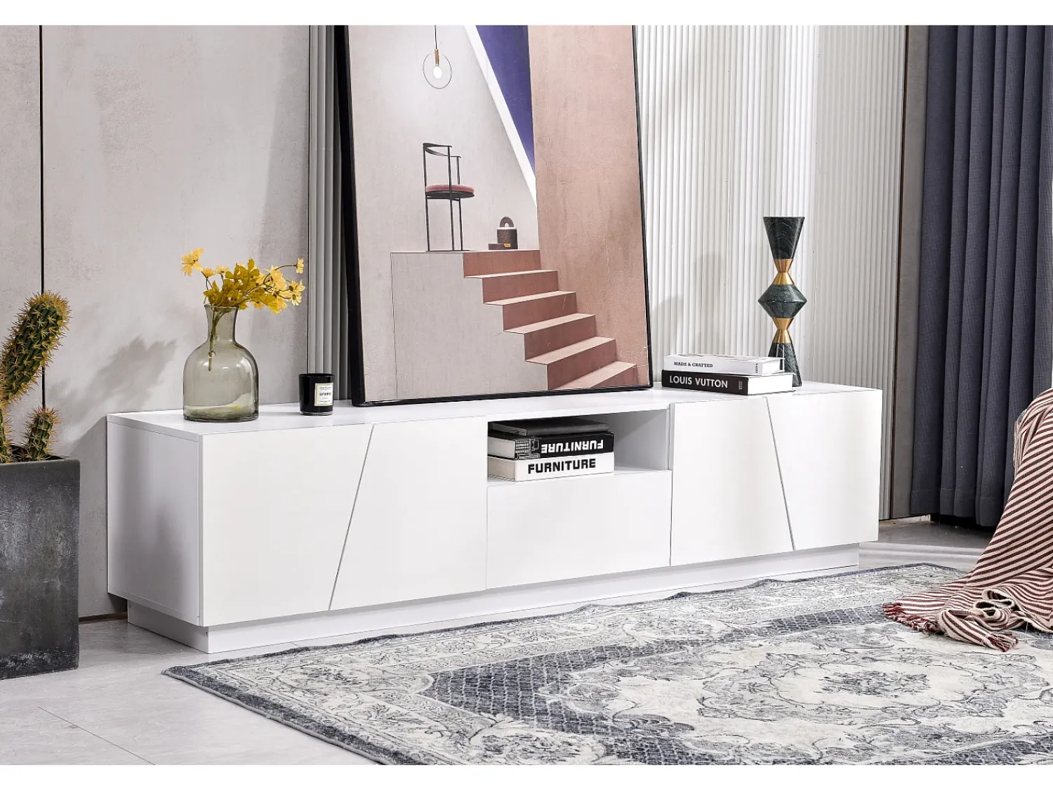 Móvel De Tv| Móvel TV 170cm, com gaveta, 4 portas, compartimento aberto, estilo escandinavo, cómoda TV - Branco