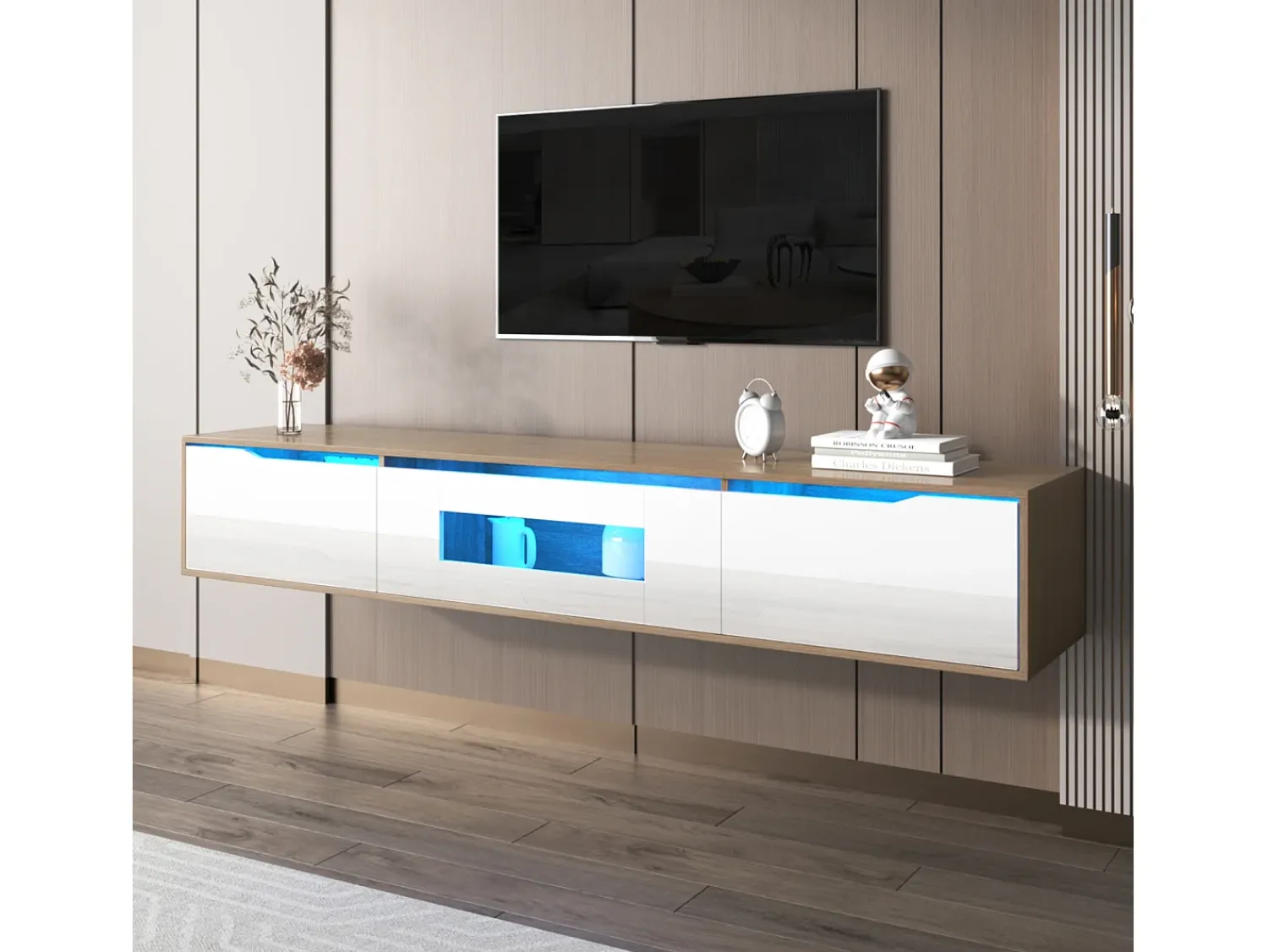 Móvel TV 180cm, com iluminação LED que muda de cor, portas de fole, lacado Móvel TV de parede, estilo moderno -^ Móvel De Tv