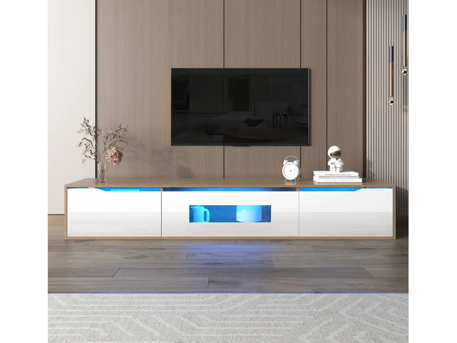 Móvel TV 180cm, com iluminação LED que muda de cor, portas de fole, lacado Móvel TV de parede, estilo moderno -^ Móvel De Tv