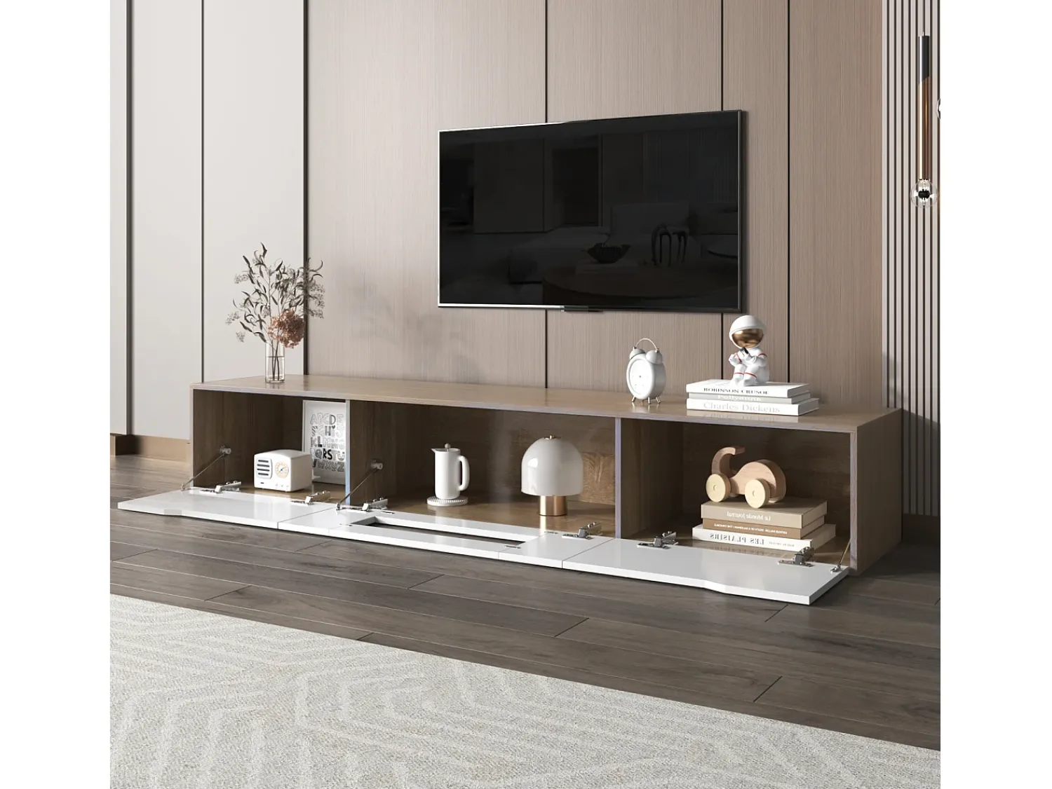 Móvel TV 180cm, com iluminação LED que muda de cor, portas de fole, lacado Móvel TV de parede, estilo moderno -^ Móvel De Tv
