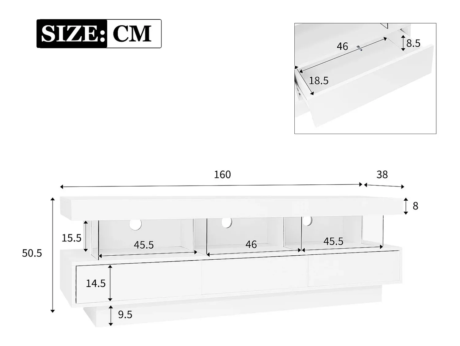 Online ModernLuxe Móvel TV 160cm com LED - 3 compartimentos em vidro - Controlado por APP - adequado para TV 70" - Branco