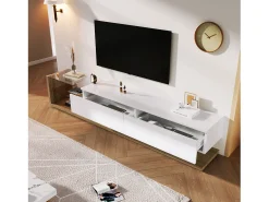Móvel De Tv|ModernLuxe Móvel TV 170cm com LED e divisória em vidro - 2 gavetas - Branco e Natural Natural claro