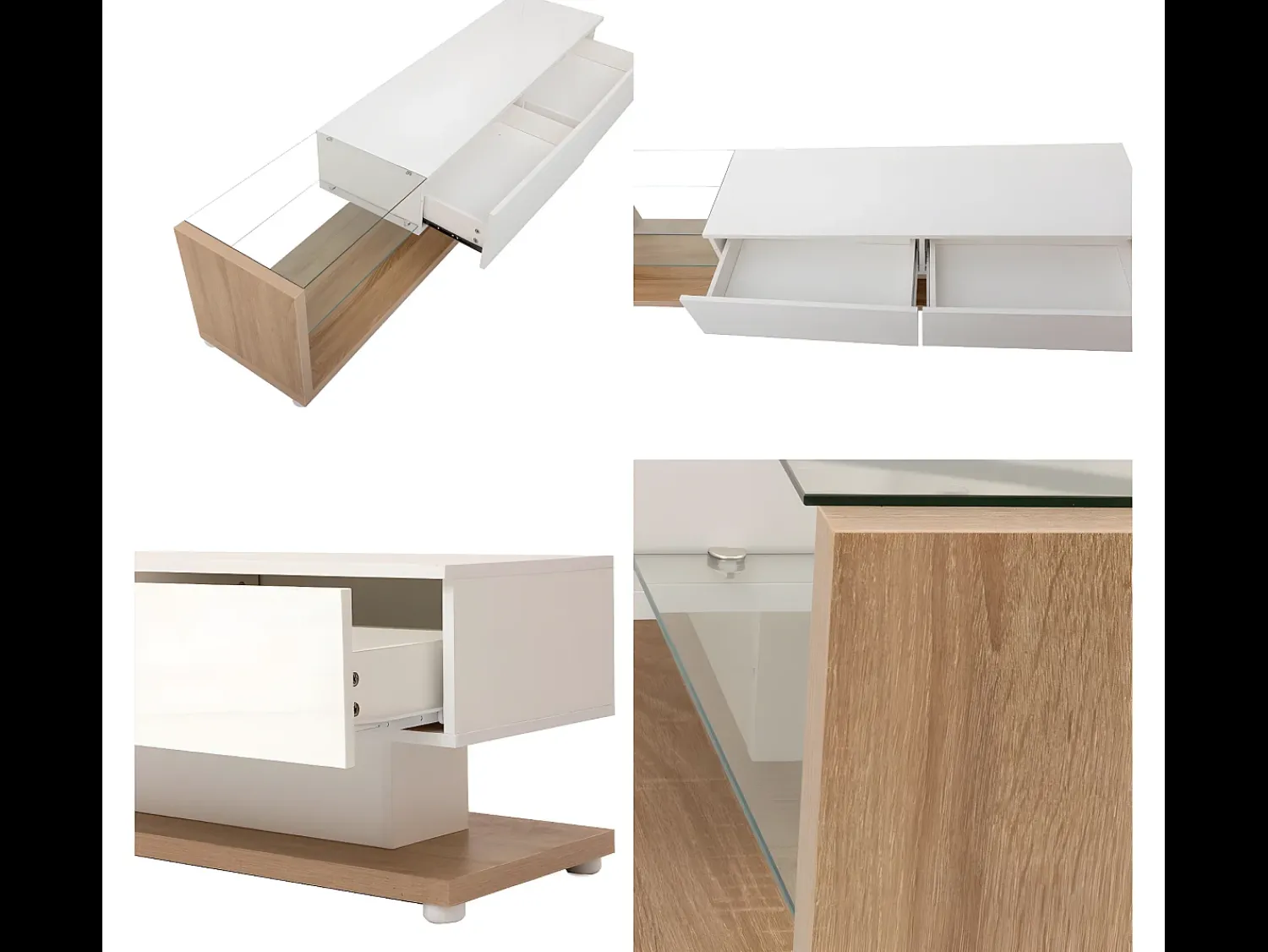 Móvel De Tv|ModernLuxe Móvel TV 170cm com LED e divisória em vidro - 2 gavetas - Branco e Natural Natural claro