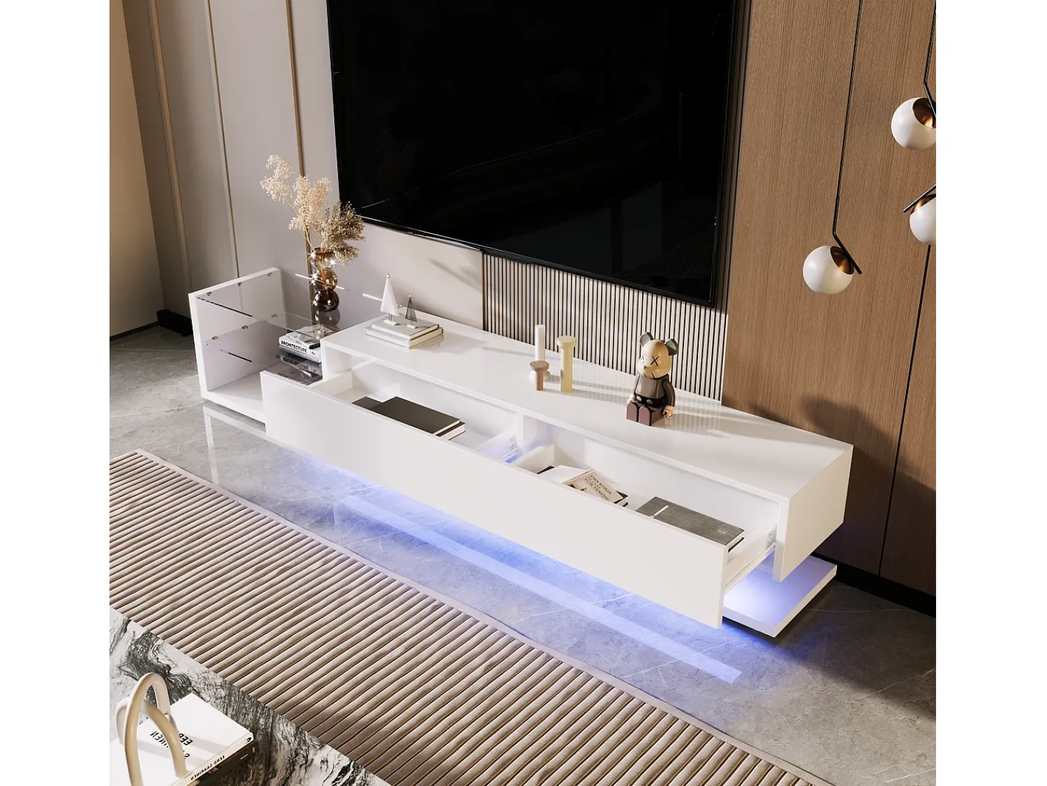 Móvel De Tv|ModernLuxe Móvel TV 170cm com LED e divisória em vidro - 2 gavetas - Branco