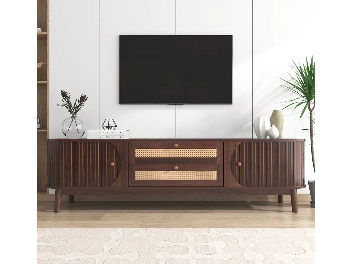 ModernLuxe Móvel TV 170cm em madeira maciça e rotin - 2 tiroirs e 2 portes - estilo campagnard -^ Móvel De Tv