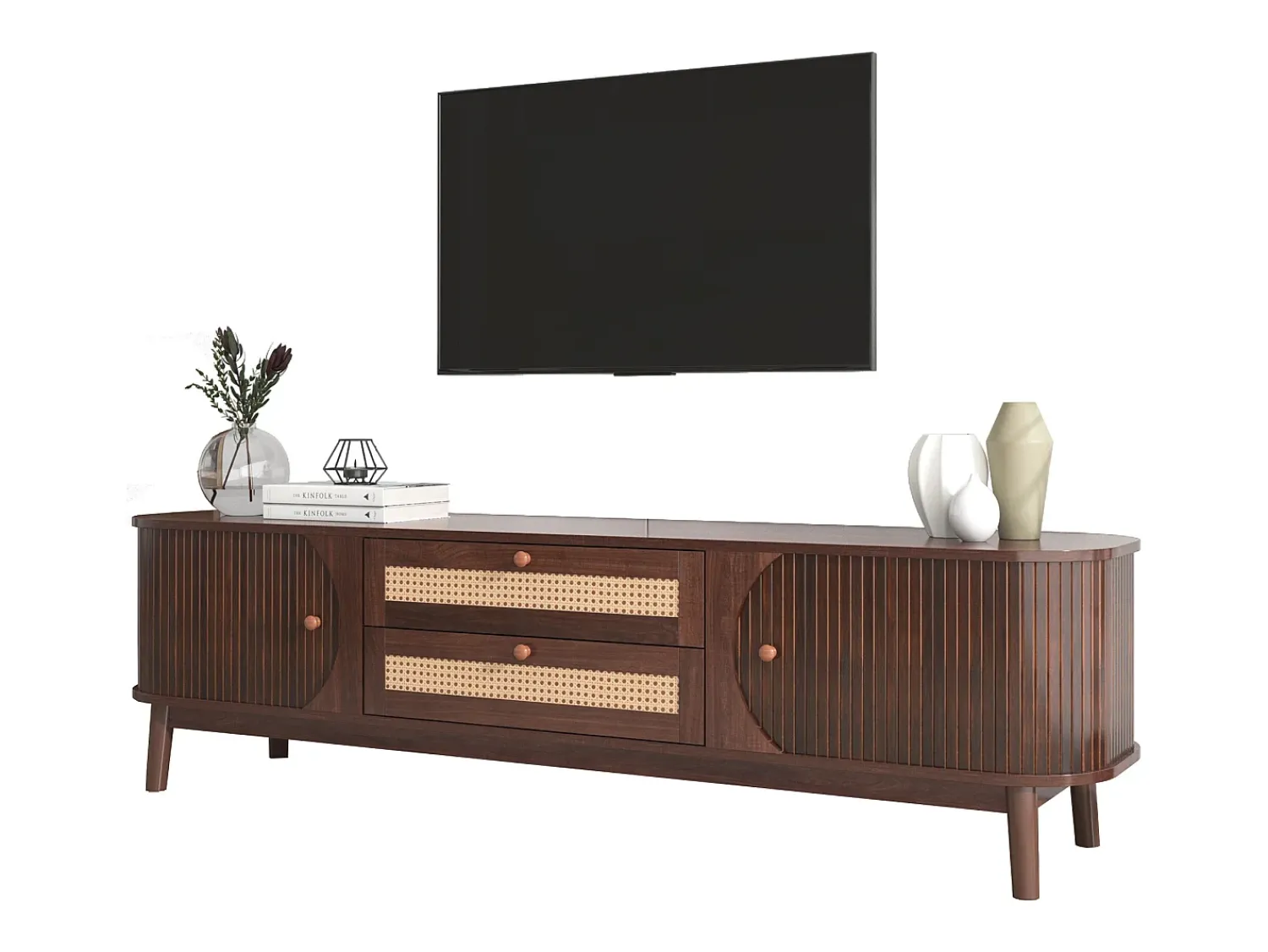 ModernLuxe Móvel TV 170cm em madeira maciça e rotin - 2 tiroirs e 2 portes - estilo campagnard -^ Móvel De Tv