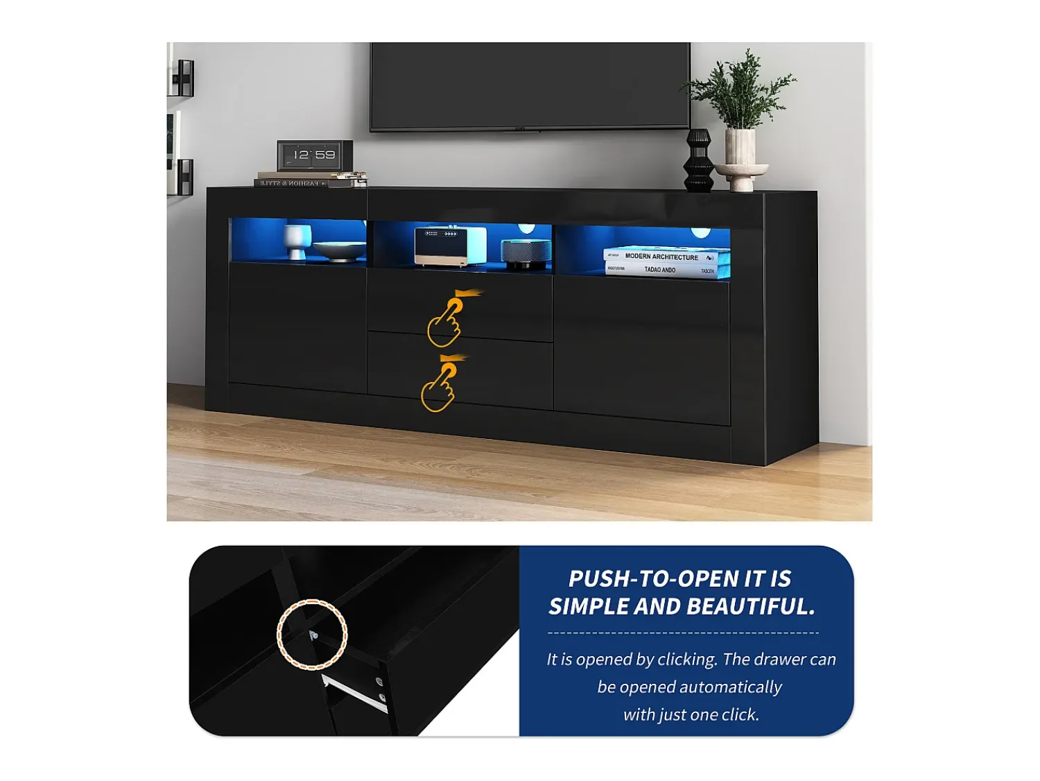 Merax Móvel TV com 3 compartimentos abertos, 2 portas e 2 gavetas - 160 x 35 x 60 cm - Aglomerado - LEDs - brilhante^ Móvel De Tv