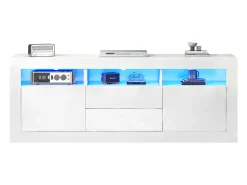 New Merax Móvel TV com 3 compartimentos abertos, 2 portas e 2 gavetas - 160 x 35 x 60 cm - Aglomerado - LEDs - brilhante Branco