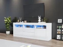 New Merax Móvel TV com 3 compartimentos abertos, 2 portas e 2 gavetas - 160 x 35 x 60 cm - Aglomerado - LEDs - brilhante Branco