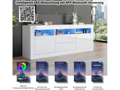 New Merax Móvel TV com 3 compartimentos abertos, 2 portas e 2 gavetas - 160 x 35 x 60 cm - Aglomerado - LEDs - brilhante Branco