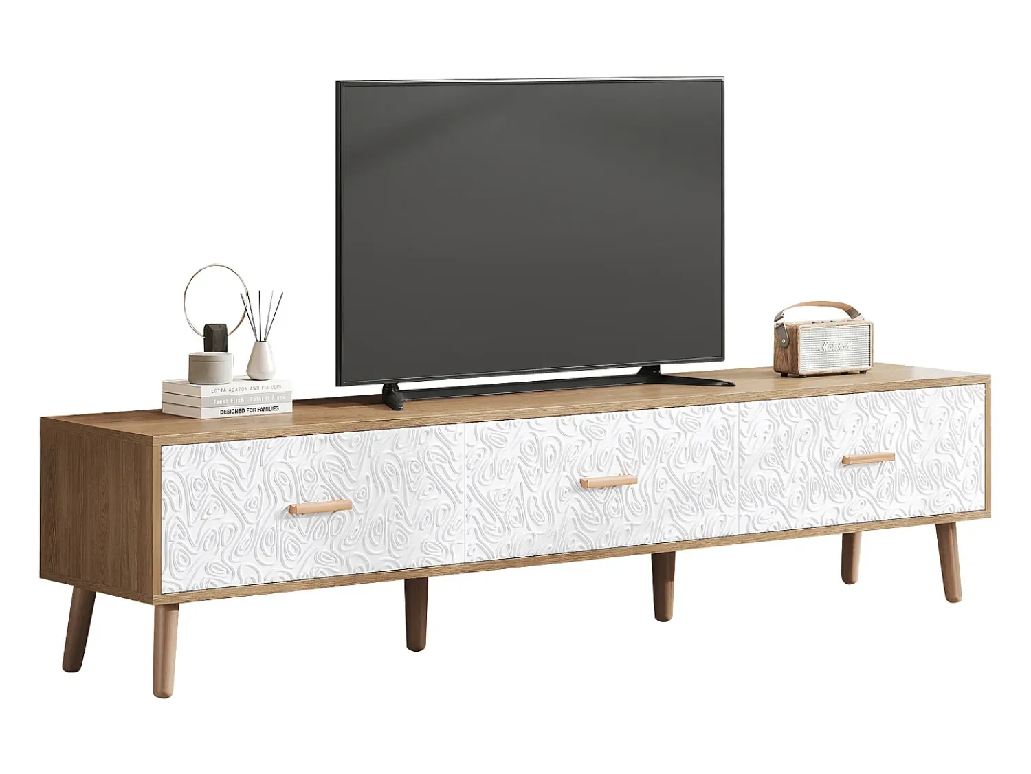 Móvel De Tv*Merax Móvel TV com 3 gavetas - 150 x 35 x 39 cm - Aglomerado - para sala de estar - e madeira Branco