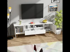 Móvel De Tv*Merax Móvel TV com 2 gavetas, 2 portas e 2 nichos - 165x36x55cm - padrão listrado vertical - Aglomerado - Branco