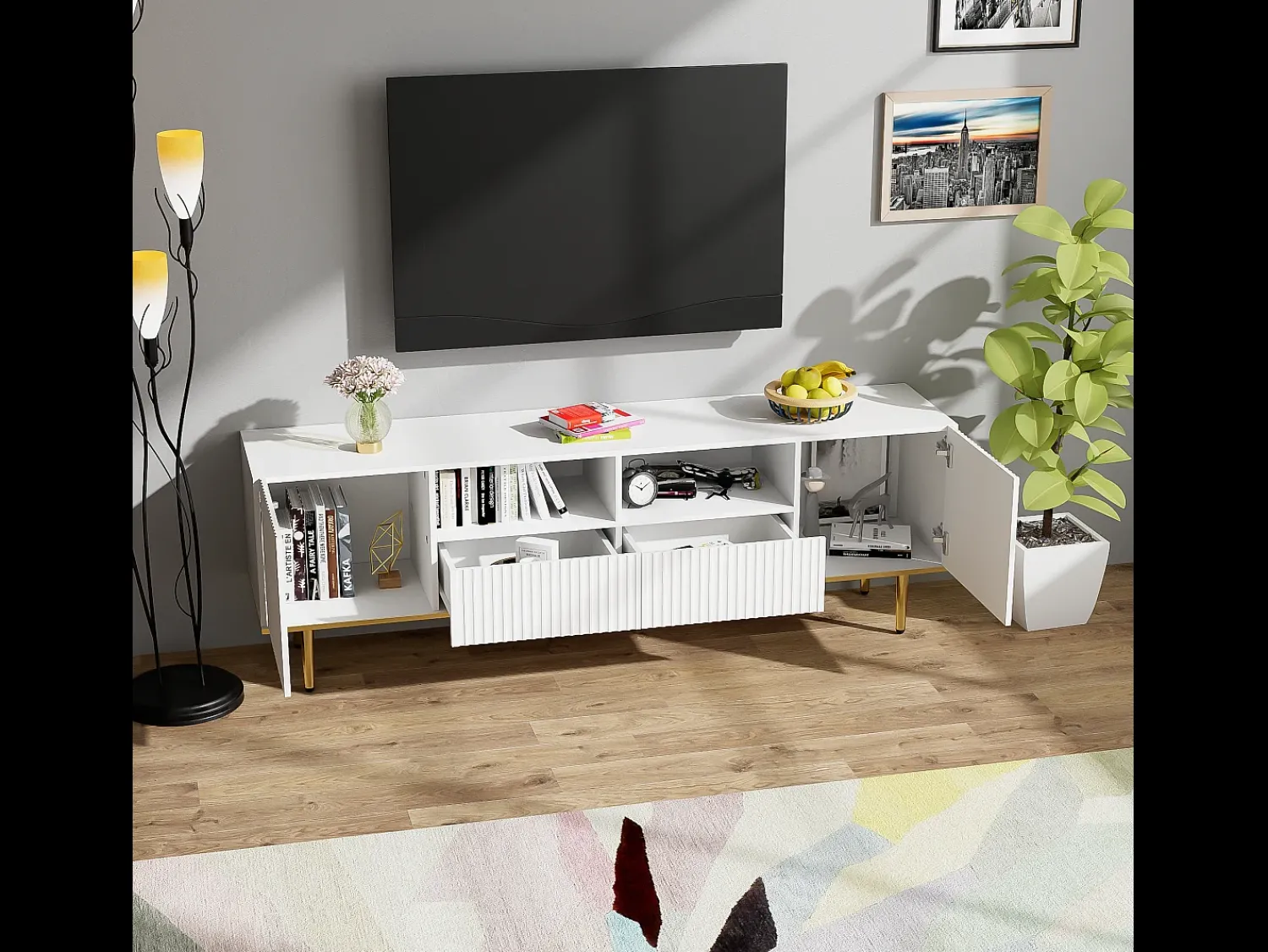 Móvel De Tv*Merax Móvel TV com 2 gavetas, 2 portas e 2 nichos - 165x36x55cm - padrão listrado vertical - Aglomerado - Branco