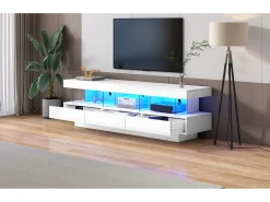 Merax Móvel TV com 3 gavetas e 3 compartimentos - 160 x 38 x 50,5 cm - Divisória de vidro - LEDs - Aglomerado - brilhante Branco