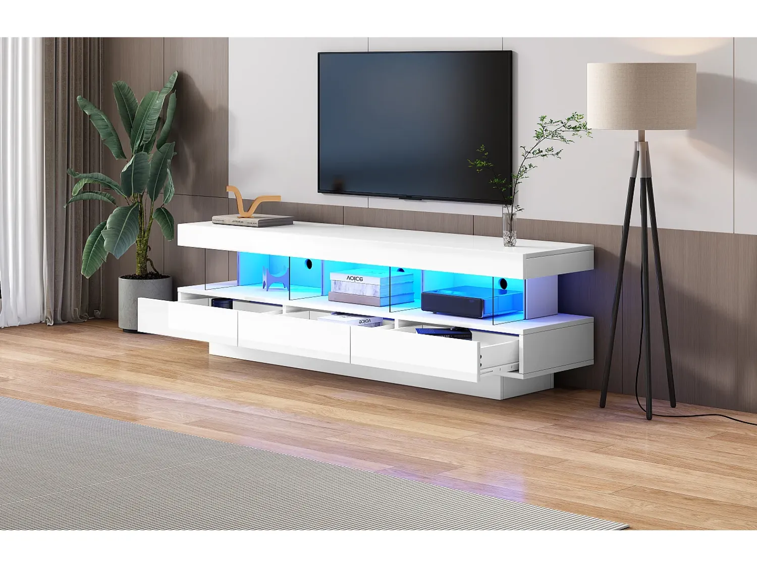 Merax Móvel TV com 3 gavetas e 3 compartimentos - 160 x 38 x 50,5 cm - Divisória de vidro - LEDs - Aglomerado - brilhante Branco