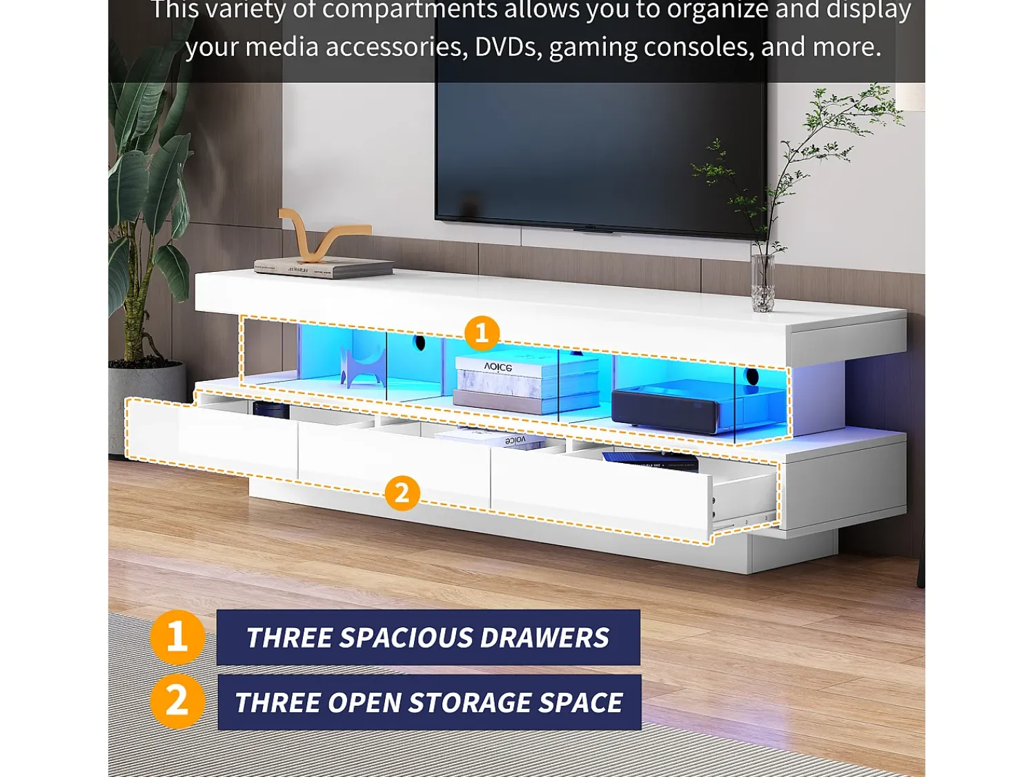 Merax Móvel TV com 3 gavetas e 3 compartimentos - 160 x 38 x 50,5 cm - Divisória de vidro - LEDs - Aglomerado - brilhante Branco