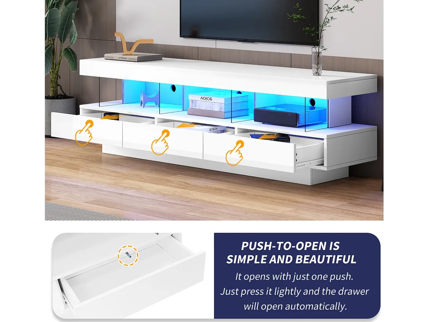 Merax Móvel TV com 3 gavetas e 3 compartimentos - 160 x 38 x 50,5 cm - Divisória de vidro - LEDs - Aglomerado - brilhante Branco