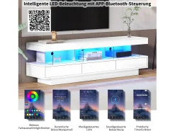 Merax Móvel TV com 3 gavetas e 3 compartimentos - 160 x 38 x 50,5 cm - Divisória de vidro - LEDs - Aglomerado - brilhante Branco