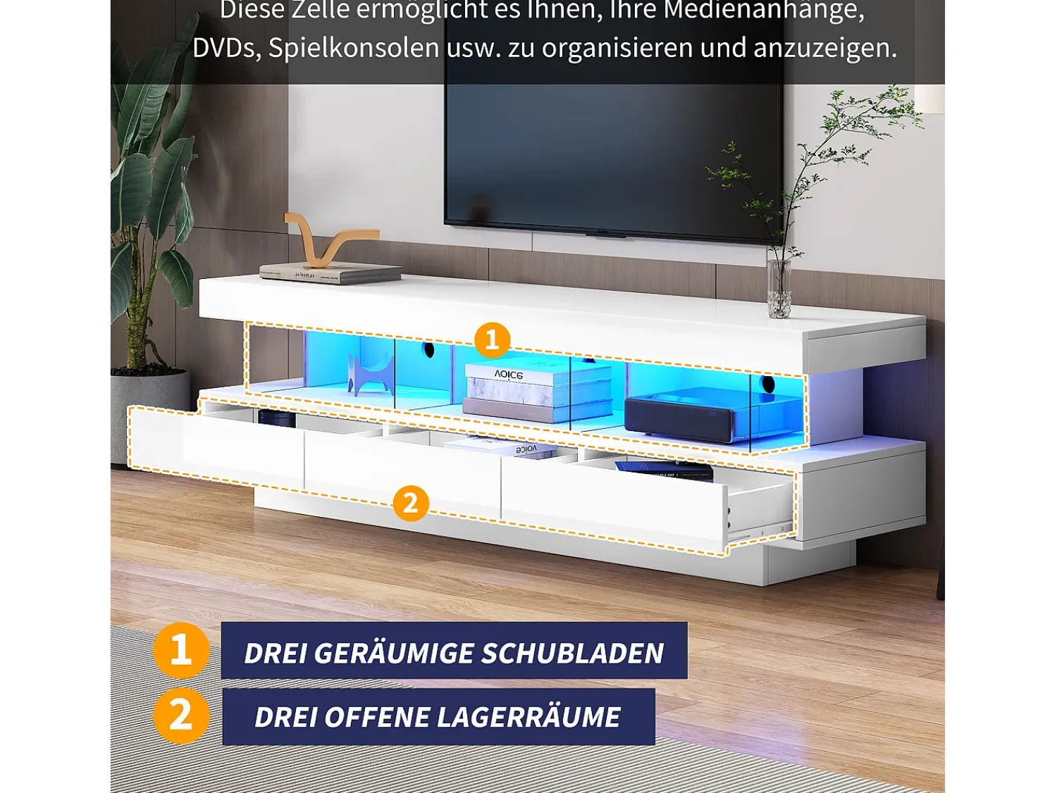 Merax Móvel TV com 3 gavetas e 3 compartimentos - 160 x 38 x 50,5 cm - Divisória de vidro - LEDs - Aglomerado - brilhante Branco