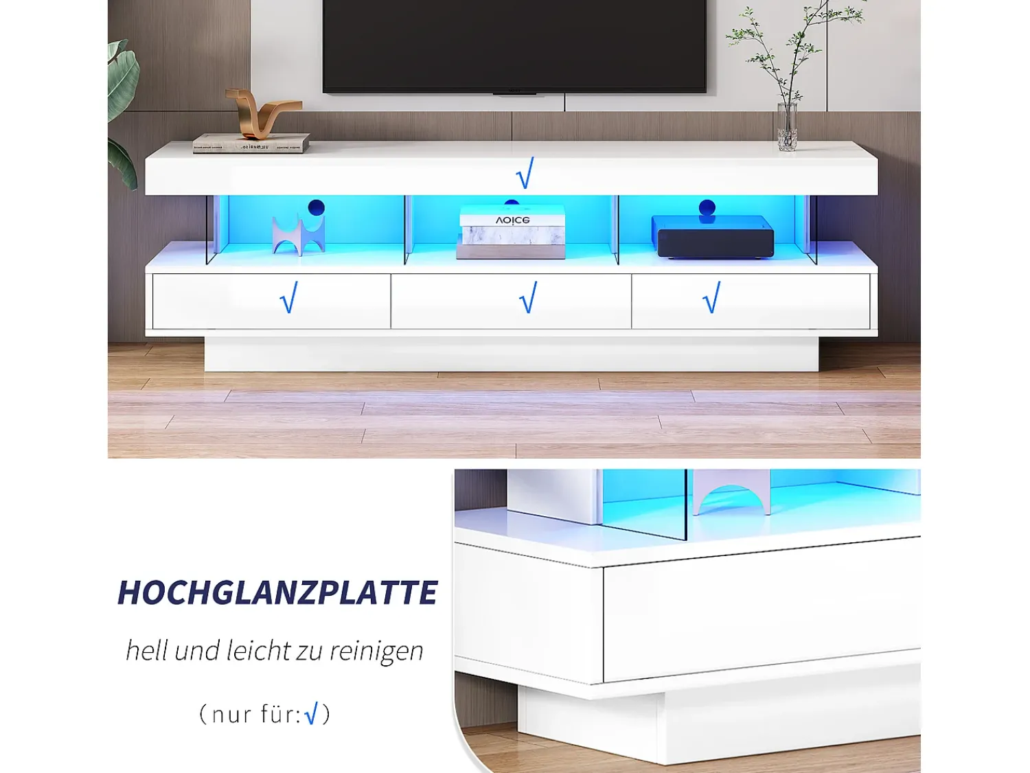 Merax Móvel TV com 3 gavetas e 3 compartimentos - 160 x 38 x 50,5 cm - Divisória de vidro - LEDs - Aglomerado - brilhante Branco
