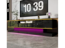 Online Hauss Spole Móvel TV com 3 gavetas e 1 nicho, LED incluído, lacado brilhante e faixa dourada - 180x38x45cm Preto