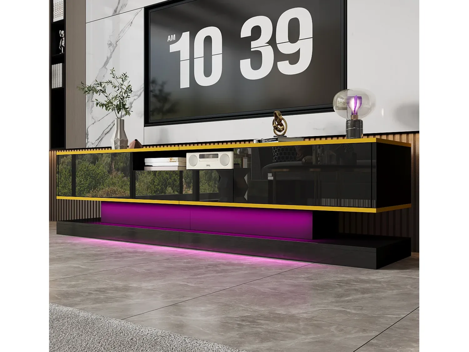 Online Hauss Spole Móvel TV com 3 gavetas e 1 nicho, LED incluído, lacado brilhante e faixa dourada - 180x38x45cm Preto