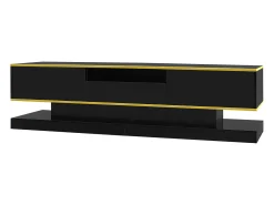 Online Hauss Spole Móvel TV com 3 gavetas e 1 nicho, LED incluído, lacado brilhante e faixa dourada - 180x38x45cm Preto