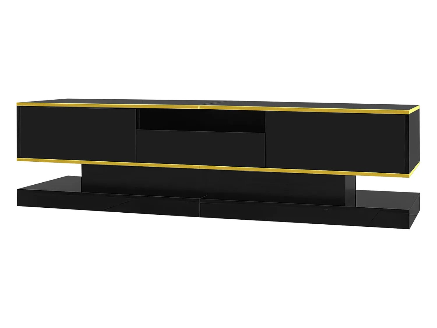 Online Hauss Spole Móvel TV com 3 gavetas e 1 nicho, LED incluído, lacado brilhante e faixa dourada - 180x38x45cm Preto