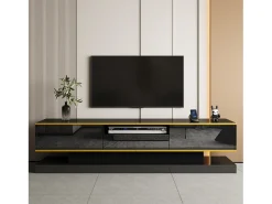Online Hauss Spole Móvel TV com 3 gavetas e 1 nicho, LED incluído, lacado brilhante e faixa dourada - 180x38x45cm Preto