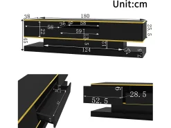 Online Hauss Spole Móvel TV com 3 gavetas e 1 nicho, LED incluído, lacado brilhante e faixa dourada - 180x38x45cm Preto