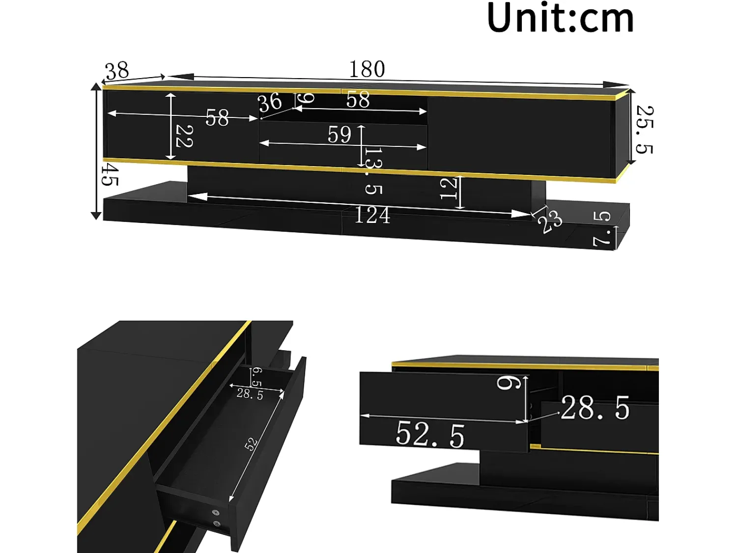 Online Hauss Spole Móvel TV com 3 gavetas e 1 nicho, LED incluído, lacado brilhante e faixa dourada - 180x38x45cm Preto