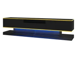 Online Hauss Spole Móvel TV com 3 gavetas e 1 nicho, LED incluído, lacado brilhante e faixa dourada - 180x38x45cm Preto