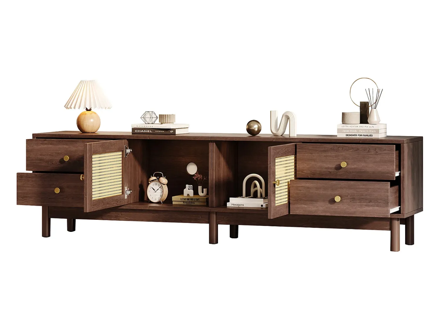 Móvel De Tv|Merax Móvel TV com 4 gavetas e 2 portas de vime - 180 x 35 x 44 cm - Aglomerado - Castanho