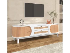 Móvel De Tv|Merax Móvel TV com 2 gavetas e 2 portas de correr, aglomerado, efeito rattan, e natural Branco