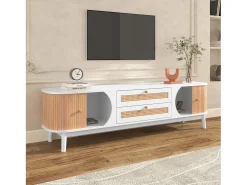 Móvel De Tv|Merax Móvel TV com 2 gavetas e 2 portas de correr, aglomerado, efeito rattan, e natural Branco