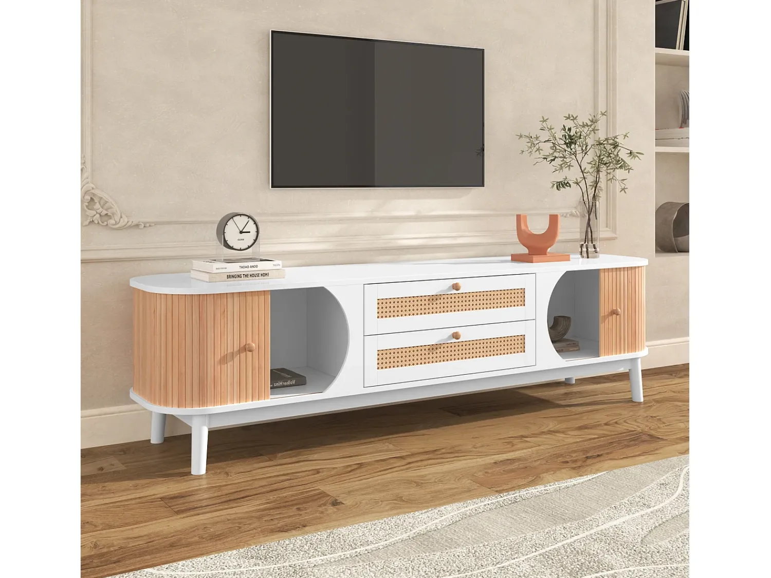 Móvel De Tv|Merax Móvel TV com 2 gavetas e 2 portas de correr, aglomerado, efeito rattan, e natural Branco