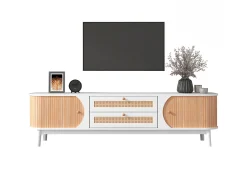 Móvel De Tv|Merax Móvel TV com 2 gavetas e 2 portas de correr, aglomerado, efeito rattan, e natural Branco