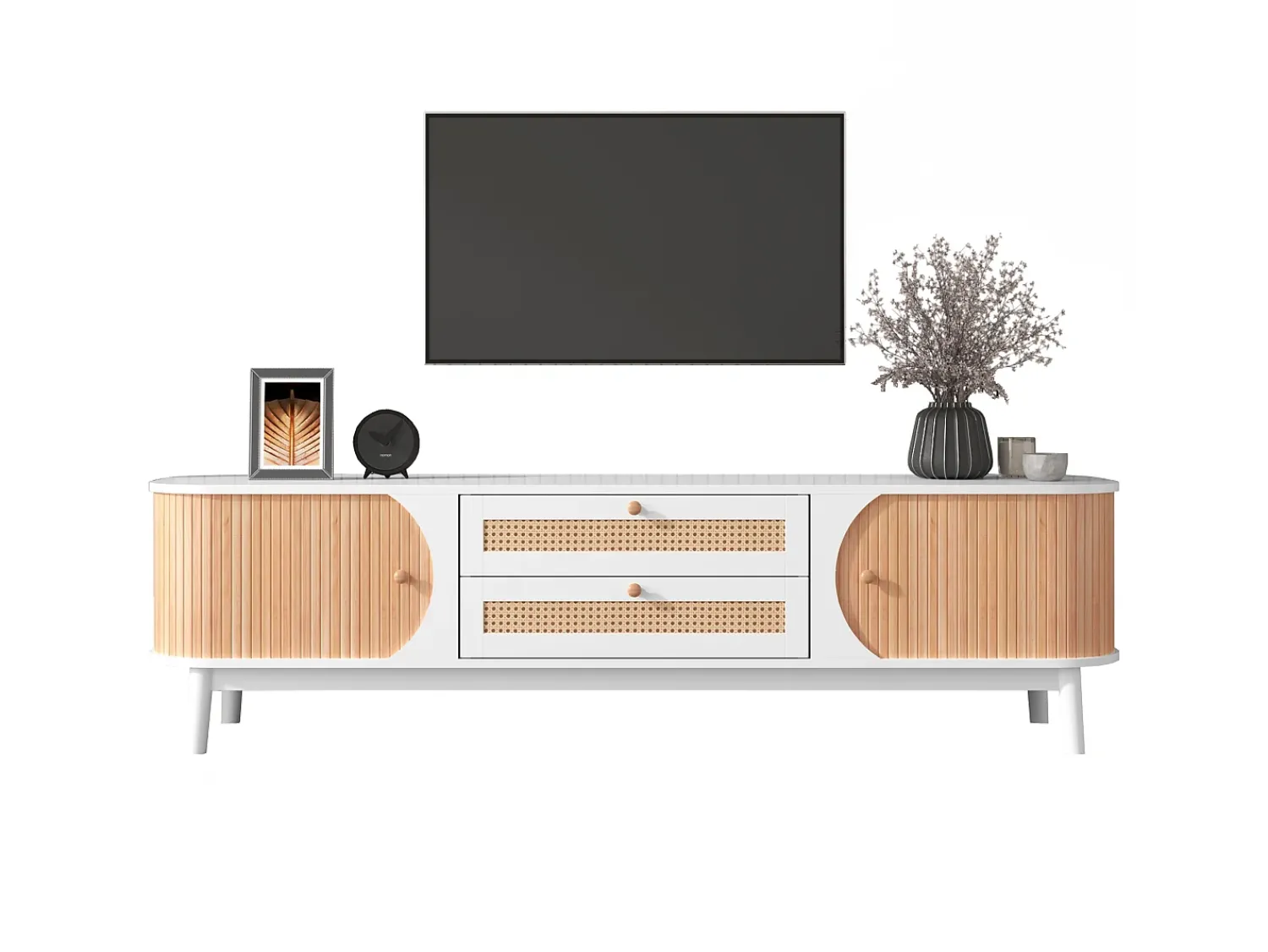 Móvel De Tv|Merax Móvel TV com 2 gavetas e 2 portas de correr, aglomerado, efeito rattan, e natural Branco