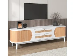 Móvel De Tv|Merax Móvel TV com 2 gavetas e 2 portas de correr, aglomerado, efeito rattan, e natural Branco